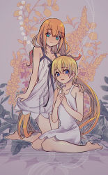 Rule 34 | 2girls, aqua eyes, bare legs, bare shoulders, barefoot, black ribbon, blonde hair, blue eyes, breasts, collarbone, commentary request, dress, fingernails, floral background, flower, hair between eyes, hair ornament, hair ribbon, hairclip, hand on another&#039;s shoulder, hands on own chest, highres, kingdom hearts, kingdom hearts chain of memories, kingdom hearts x, leaf, long hair, looking at viewer, low twintails, maimai melc, medium hair, multiple girls, namine, orange flower, orange hair, orange ribbon, parted lips, plant, ribbon, seiza, sidelocks, sitting, sleeveless, sleeveless dress, small breasts, smile, strelitzia (kingdom hearts), twintails, very long hair, white dress, x hair ornament