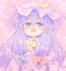 Rule 34 | 1girl, blue bow, blush, bow, bowtie, crescent, crescent hat ornament, dress, hair bow, hat, hat ornament, kimi (artist), long hair, mob cap, open mouth, patchouli knowledge, pink background, pink dress, pink hat, purple eyes, purple hair, red bow, solo, tearing up, touhou, wavy mouth, yellow bow, yellow bowtie