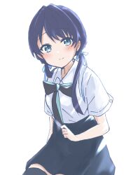Rule 34 | 1girl, backlighting, black ribbon, black skirt, black thighhighs, blue eyes, blue hair, blue ribbon, closed mouth, collared shirt, commentary, cowboy shot, dark blue hair, dress shirt, hair ribbon, highres, kumacha, link! like! love live!, long hair, looking at viewer, love live!, low twintails, miniskirt, mole, mole on neck, murano sayaka, neck ribbon, ribbon, shirt, short sleeves, simple background, sitting, skirt, smile, solo, split mouth, thighhighs, twintails, two-sided ribbon, virtual youtuber, white background, white shirt