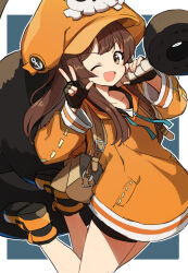 Rule 34 | absurdres, anchor, bike shorts, cabbie hat, fingerless gloves, gazacy (dai), gloves, guilty gear, guilty gear strive, hat, hat ornament, highres, holding, holding anchor, hood, hoodie, may (guilty gear), orange footwear, orange hat, orange hoodie, skull and crossbones, skull hat ornament