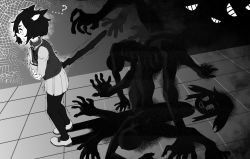 Rule 34 | ...?, 1girl, animal ears, bad id, bad twitter id, book, cat ears, cat girl, different shadow, eigaka, greyscale, highres, holding, holding book, horror (theme), monochrome, monster, open mouth, original, pantyhose, scared, shadow, short hair, skirt, smile, sweat, tail, teeth, trembling, wide-eyed