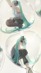 Rule 34 | 2girls, absurdres, aqua eyes, aqua hair, aqua ribbon, bare shoulders, black footwear, black skirt, black sleeves, black thighhighs, boots, detached sleeves, dual persona, grey shirt, hair ornament, hatsune miku, hatsune miku (nt), headphones, headset, high heels, highres, holding hands, hourglass, in container, layered sleeves, long hair, looking at another, looking down, looking up, miniskirt, multiple girls, neck ribbon, open mouth, piapro, pleated skirt, pulling, ribbon, see-through, see-through sleeves, shirt, skirt, sleeveless, sleeveless shirt, smile, squatting, tadanotarosuke, tears, thigh boots, thighhighs, twintails, very long hair, vocaloid, white shirt, white sleeves