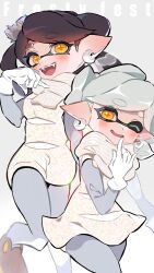 Rule 34 | 2girls, absurdres, ao hito, black hair, bow-shaped hair, callie (splatoon), commentary request, earrings, fangs, food, food on head, gloves, grey pantyhose, highres, hoop earrings, inkling, jewelry, long hair, marie (splatoon), multiple girls, nintendo, object on head, one eye closed, open mouth, pantyhose, pointy ears, scarf, short hair, simple background, smile, splatoon (series), splatoon 3, standing, standing on one leg, star-shaped pupils, star (symbol), sushi, symbol-shaped pupils, teeth, tentacle hair, thick eyebrows, upper teeth only, white background, white gloves, white hair, white scarf, yellow eyes