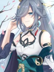 Rule 34 | 1girl, absurdres, black hair, blue eyes, blue sky, branch, china dress, chinese clothes, closed mouth, dress, earrings, fu hua, fu hua (azure empyrea), hair ornament, hair over one eye, highres, honkai (series), honkai impact 3rd, jewelry, long hair, long sleeves, looking at viewer, natsukn, outdoors, petals, ponytail, single earring, sky, smile, solo, white dress, yin yang