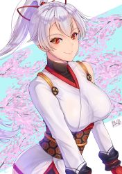 Rule 34 | 1girl, absurdres, band-width, black undershirt, breasts, cherry blossoms, detached sleeves, fate/grand order, fate (series), flower, gloves, hair between eyes, hair ribbon, highres, japanese clothes, kimono, large breasts, long hair, looking at viewer, mitsudomoe (shape), obi, ponytail, red eyes, red gloves, red ribbon, ribbon, sash, short kimono, silver hair, single detached sleeve, slit pupils, smile, solo, tomoe (symbol), tomoe gozen (fate), tree, turtleneck, white kimono, white sleeves