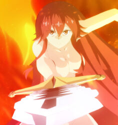 Rule 34 | 1girl, absurdres, anime screenshot, breasts, collarbone, completely nude, earnest flaming, eiyuu kyoushitsu, fire, hair between eyes, hair over breasts, highres, holding, holding sword, holding weapon, large breasts, long hair, looking at viewer, nude, pointing weapon, red eyes, red hair, screencap, stitched, sword, third-party edit, weapon