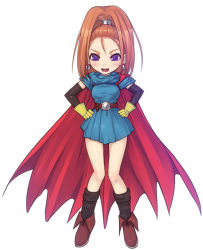 Rule 34 | 1girl, barbara (dq6), belt, boots, cape, dragon quest, dragon quest vi, dress, earrings, elbow gloves, female focus, forehead, gloves, hands on own hips, high ponytail, jewelry, long hair, mahito, orange hair, ponytail, purple eyes, smile, solo
