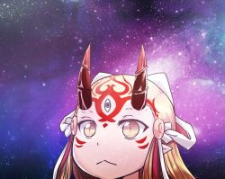 Rule 34 | 1girl, :3, blonde hair, commentary, facial tattoo, fate/grand order, fate (series), hair ornament, horns, ibaraki douji (fate), looking to the side, meme, oni, oni horns, portrait, slit pupils, solo, space, space cat (meme), tattoo, transparent, yellow eyes, yume (i think.)