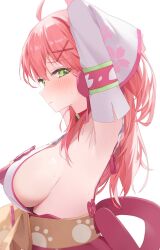 Rule 34 | 1girl, ahoge, arm behind head, arm up, armpits, blush, breasts, cherry blossom print, detached sleeves, floral print, green eyes, hair between eyes, hair ornament, hairclip, highres, hololive, large breasts, long hair, looking at viewer, nel dcm, paw print, paw print pattern, pink hair, presenting armpit, sakura miko, sakura miko (1st costume), sideboob, sideless kimono, solo, sweat, virtual youtuber, x hair ornament