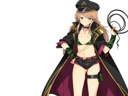 Rule 34 | 1girl, bikini, bikini top only, blonde hair, blush, breasts, collar, evenicle, flat chest, game cg, green eyes, hand on own hip, hat, jacket, kathryn (evenicle), legs, long hair, looking at viewer, midriff, navel, short shorts, shorts, simple background, smile, solo, standing, swimsuit, thighs, whip, yaegashi nan