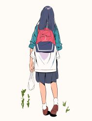 1girl backpack bag black_hair blue_jacket blue_skirt brown_footwear clothes_hanger commentary_request facing_away from_behind full_body highres holding holding_bag jacket long_hair long_sleeves original plastic_bag pleated_skirt red_bag school_uniform semham shirt shoe_soles shoes simple_background skirt socks solo standing track_jacket unworn_shirt wardrobe_error white_background white_shirt white_socks