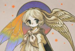 Rule 34 | 1girl, androgynous, asymmetrical wings, blue eyes, butterfly wings, cape, circle, feathered wings, flat chest, gradient wings, grey hair, head wings, highres, insect wings, looking at viewer, mime 404, monster girl, multicolored wings, multiple wings, neckerchief, original, pointy ears, short hair, short sleeves, snout, solo, star (symbol), upper body, wings