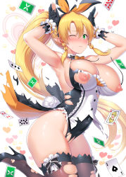 Rule 34 | 1girl, :d, animal ears, armpits, arms up, blonde hair, blush, braid, breasts, capelet, card, cleavage, commentary, commentary request, covered navel, detached collar, embarrassed, fairy, fake animal ears, gloves, green eyes, hair ribbon, heart, high heels, highres, jumping, kawase seiki, knees together feet apart, large breasts, leafa, leotard, long ears, long hair, neck ribbon, nipples, one eye closed, open mouth, playboy bunny, playing card, pointy ears, ponytail, rabbit ears, rabbit girl, rabbit pose, rabbit tail, ribbon, shiny skin, sidelocks, smile, solo, sparkle, sword art online, tail, thighhighs, thighs, torn capelet, torn clothes, torn leotard, torn thighhighs, very long hair, white background