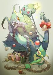 Rule 34 | animal focus, artist name, bell, bow, brown eyes, bulbasaur, christmas, christmas tree, closed mouth, colored skin, commentary, creatures (company), evolutionary line, fangs, game freak, gen 1 pokemon, gen 5 pokemon, gift, glint, gradient background, green background, green skin, highres, nintendo, no humans, pokemon, pokemon (creature), red bow, red eyes, serperior, slit pupils, snake, snivy, standing, symbol-only commentary, tail, twitter username, umipokemori