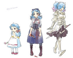 Rule 34 | 1girl, age progression, armor, blood, blood on clothes, bloody knife, blue hair, bow, child, dress, fire emblem, fire emblem fates, flower, hair bow, hair over one eye, heterochromia, holding, holding flower, holding knife, holding sword, holding weapon, knife, long hair, multicolored hair, multiple persona, multiple views, nintendo, peri (fire emblem), pink hair, pirihiba, red eyes, spoilers, sword, twitter username, two-tone hair, weapon, aged down