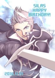 Rule 34 | 1boy, armor, fe knights, fire emblem, fire emblem fates, floating cape, gloves, grey hair, holding, holding sword, holding weapon, looking at viewer, male focus, nintendo, open mouth, pointing weapon, shoulder armor, silas (fire emblem), sword, weapon