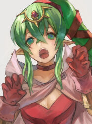 1girl breasts claw_pose cleavage commentary_request crossed_bangs double-parted_bangs fire_emblem fire_emblem_awakening gloves green_eyes green_hair hair_between_eyes high_ponytail highres long_hair looking_at_viewer mai_yukari medium_breasts nintendo open_mouth pointy_ears red_gloves solo tiki_(adult)_(fire_emblem) tiki_(fire_emblem) tongue