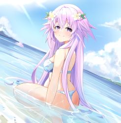 Rule 34 | 2girls, adult neptune, alternate hair ornament, ass, beach, bikini, bimmy, blush, breasts, day, flower, from side, hair flower, hair ornament, highres, in water, innertube, large breasts, long hair, looking at viewer, looking back, mega miracle force, multiple girls, neptune (neptunia), neptune (series), ocean, outdoors, partially submerged, purple eyes, purple hair, smile, solo focus, sunlight, swim ring, swimsuit, thighs, very long hair, wet, wet siwmsuit