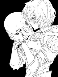 Rule 34 | 1boy, armor, bishounen, black background, blush, breastplate, closed eyes, commentary, english commentary, fingerless gloves, flat color, from side, gloves, granblue fantasy, hair between eyes, highres, holding, holding skull, hood, hood down, implied yaoi, kiss, kissing skull, messy hair, profile, sandalphon (granblue fantasy), short hair, shoulder armor, skull, upper body, wahoosandalphon