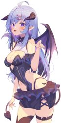 Rule 34 | 1girl, :d, absurdres, ahoge, arm garter, black leotard, black panties, black skirt, black thighhighs, blue hair, blush, breasts, center opening, cleavage, commission, cowboy shot, demon horns, demon tail, demon wings, fang, hair ornament, hairclip, heart, heart tail, highres, horns, indie virtual youtuber, jun (aousa0328), leotard, long hair, looking at viewer, medium breasts, microskirt, midriff, multicolored hair, nail polish, navel, open mouth, panties, pleated skirt, pointy ears, purple eyes, purple nails, rakka midari, simple background, skeb commission, skindentation, skirt, smile, solo, strapless, strapless leotard, tail, thigh strap, thighhighs, two-tone hair, underwear, virtual youtuber, white background, wings