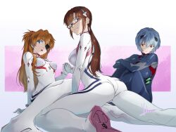 Rule 34 | 3girls, absurdres, arm support, artist name, ass, ayanami rei, black bodysuit, blue eyes, blue hair, bodysuit, breasts, brown hair, closed mouth, commentary request, evangelion: 3.0+1.0 thrice upon a time, expressionless, eyepatch, full body, glasses, highres, holding hands, interface headset, knees up, long hair, looking at viewer, looking back, makinami mari illustrious, medium breasts, multiple girls, neon genesis evangelion, open mouth, plugsuit, rebuild of evangelion, red eyes, semi-rimless eyewear, short hair, signature, simple background, sitting, skin tight, smile, souryuu asuka langley, white bodysuit, yoshinaga masahiro