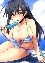 Rule 34 | 10s, 1girl, bikini, black eyes, black hair, blue eyes, blush, breasts, cleavage, female focus, food, girls und panzer, gradient background, highres, huge breasts, isuzu hana, large breasts, licking, long hair, looking at viewer, open mouth, popsicle, sexually suggestive, shinshin, sitting, solo, swimsuit