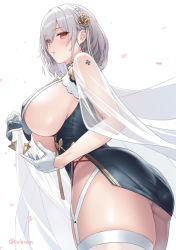 Rule 34 | 1girl, ass, azur lane, blush, braid, breasts, china dress, chinese clothes, commentary request, cuboon, dress, flower, french braid, from above, garter straps, gloves, hair between eyes, hair flower, hair ornament, huge breasts, looking at viewer, looking down, parted lips, pelvic curtain, red eyes, revealing clothes, short hair, side braid, silver hair, simple background, sirius (azur lane), sirius (azure horizons) (azur lane), skindentation, solo, thighhighs, thighs, twitter username, white background, white gloves, white thighhighs