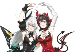 Rule 34 | &gt; &lt;, 2girls, black dress, black hair, black sleeves, breasts, broken horn, butterfly wings, chest tattoo, choker, cleavage, closed eyes, demon horns, demon tail, dress, elbow gloves, feather hair ornament, feathers, frilled choker, frills, gloves, grey hair, hair between eyes, hair ornament, highres, horns, insect wings, juliet sleeves, large breasts, liv: empyrea (dreamcatcher) (punishing: gray raven), liv: empyrea (punishing: gray raven), liv (punishing: gray raven), long hair, long sleeves, lucia: plume (punishing: gray raven), lucia (punishing: gray raven), maid headdress, medium hair, multicolored hair, multiple girls, myam (123ab456c), puffy sleeves, punishing: gray raven, red choker, red dress, red hair, red horns, short sleeves, sidelocks, smile, spade (shape), streaked hair, sweatdrop, tail, tattoo, white background, white gloves, wing hair ornament, wings