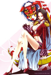 Rule 34 | 1girl, amazon warrior, artist request, black hair, boa hancock, breasts, cleavage, female focus, high heels, large breasts, long hair, one piece, purple eyes, red heels, salome (one piece), sitting, smile, solo, source request