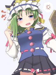 Rule 34 | 1girl, anger vein, annoyed, arm ribbon, black skirt, blue eyes, blue vest, bow, breasts, clenched hand, dadamori, epaulettes, gradient background, green hair, hat, juliet sleeves, long sleeves, looking at viewer, medium breasts, open mouth, puffy sleeves, ribbon, ribbon-trimmed skirt, ribbon trim, rod of remorse, shiki eiki, short hair, simple background, skirt, solo, spoken anger vein, touhou, vest