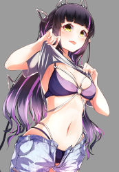 Rule 34 | 1girl, nanashi inc., alternate costume, alternate hairstyle, bikini, bikini under clothes, black hair, blue shorts, blunt bangs, blush, breasts, cleavage, clothes lift, commentary request, cowboy shot, dameyoshi, demon girl, demon horns, demon tail, grey background, grey shirt, highres, horns, kojo anna, long hair, looking at viewer, medium breasts, multicolored hair, navel, o-ring, o-ring bikini, open fly, open mouth, pointy ears, purple bikini, shirt, shirt lift, short sleeves, shorts, simple background, smile, solo, sugar lyric, swimsuit, tail, tongue, tongue out, two-tone hair, undressing, virtual youtuber, yellow eyes
