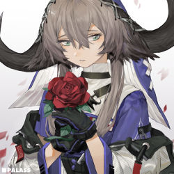 Rule 34 | 1girl, absurdres, arknights, black gloves, blue headwear, blue shirt, brown hair, character name, chinese commentary, commentary request, five-fall, flower, gloves, green eyes, hair between eyes, hands up, highres, holding, holding flower, horns, jacket, long hair, off shoulder, pallas (arknights), parted lips, red flower, red rose, rose, shirt, simple background, solo, teeth, two-sided fabric, two-sided headwear, upper body, white background, white headwear, white jacket