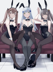 Rule 34 | 3girls, :o, absurdres, animal ears, aqua hair, black leotard, bow, bowtie, breasts, brown eyes, brown hair, couch, covered navel, detached collar, facial mark, fake animal ears, fake tail, girls&#039; frontline, green eyes, grey hair, high heels, highres, hk416 (girls&#039; frontline), leotard, long hair, looking at viewer, medium breasts, multiple girls, one side up, pantyhose, playboy bunny, rabbit ears, rabbit tail, scar, scar across eye, scar on face, sitting, small breasts, strapless, strapless leotard, tail, teardrop tattoo, twintails, ubah, ump45 (girls&#039; frontline), ump9 (girls&#039; frontline), wrist cuffs