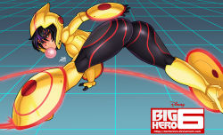 Rule 34 | 1girl, ass, bent over, big hero 6, black hair, blush, bodysuit, brown eyes, blowing bubbles, chewing gum, darkereve, disney, from behind, full body, gogo tomago, highres, looking back, marvel, multicolored hair, neon trim, purple hair, short hair, skin tight, solo, superhero costume, two-tone hair