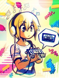 Rule 34 | 1girl, ami dixie, bad id, bad tumblr id, beamed quavers, blonde hair, blue eyes, cassette player, cassette tape, headphones, looking down, lowres, modeseven, multicolored background, musical note, original, quaver, shirt, solo, striped clothes, striped shirt, tan, torso, upper body