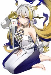 Rule 34 | 1girl, arknights, arm support, ateoyh, bare shoulders, barefoot, blonde hair, blue hair, breasts, choker, coat, commentary, grey eyes, grey hair, hair intakes, hand up, highres, horns, jewelry, long sleeves, medium breasts, multicolored hair, necklace, off shoulder, open clothes, open coat, revision, shu (arknights), simple background, sitting, skirt, solo, strapless, streaked hair, tail, tube top, white background, white coat
