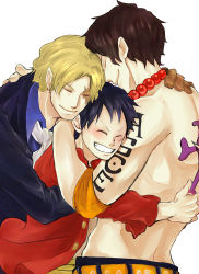 Rule 34 | 3boys, absurdres, ascot, black hair, blonde hair, brothers, closed eyes, family, freckles, highres, jolly roger, male focus, monkey d. luffy, multiple boys, one piece, open clothes, open shirt, pirate, portgas d. ace, red shirt, sabo (one piece), scar, shirt, siblings, simple background, smile, tattoo, topless male, white background
