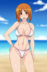 Rule 34 | 10s, 1girl, beach, bikini, blush, breasts, brown eyes, brown hair, cameltoe, circle echime, day, earrings, girls und panzer, groin, highres, jewelry, large breasts, looking at viewer, navel, nishizumi miho, ocean, aged up, open mouth, outdoors, solo, swimsuit, white bikini