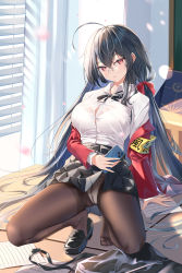 Rule 34 | 1girl, absurdres, ahoge, arino ayarei, arm support, armband, azur lane, bag, black bow, black bowtie, black footwear, black hair, black skirt, bow, bowtie, bra, bra visible through clothes, breasts, brown pantyhose, button gap, cellphone, classroom, clothes lift, collared shirt, day, detached sleeves, dress shirt, full body, glasses, hair ribbon, highres, holding, holding phone, huge ahoge, indoors, jacket, large breasts, leaning back, lifting own clothes, long hair, long sleeves, looking at viewer, off shoulder, official alternate costume, on floor, open clothes, open jacket, panties, panties under pantyhose, pantyhose, paper, parted bangs, petals, phone, pleated skirt, red eyes, red jacket, red ribbon, ribbon, round eyewear, school uniform, shirt, shirt tucked in, shoes, single shoe, skirt, skirt lift, smartphone, solo, squatting, sunlight, taihou (azur lane), taihou (sweet time after school) (azur lane), taut clothes, thighband pantyhose, thighs, underwear, very long hair, white bra, white panties, white shirt, window blinds, yellow armband