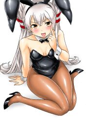 Rule 34 | 1girl, :p, ;p, amatsukaze (kancolle), animal ears, bare shoulders, black leotard, blush, bow, bowtie, breasts, brown eyes, brown pantyhose, detached collar, fake animal ears, grey hair, hair tubes, kantai collection, kudou (ooabareteng), leotard, long hair, looking at viewer, one eye closed, pantyhose, playboy bunny, rabbit ears, sitting, small breasts, solo, strapless, strapless leotard, tongue, tongue out, two side up, wrist cuffs