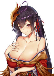 Rule 34 | 1girl, ahoge, azur lane, bare shoulders, black hair, blush, breasts, cleavage, closed mouth, collarbone, commentary, feather-trimmed sleeves, hair between eyes, hand on own chest, highres, japanese clothes, kimono, large breasts, long hair, long sleeves, looking at viewer, mask, mask on head, off shoulder, pooor, red eyes, red kimono, red ribbon, ribbon, simple background, smile, solo, striped ribbon, taihou (azur lane), twintails, very long hair, white background, wide sleeves
