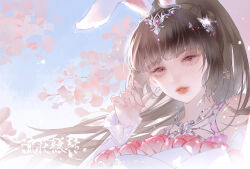 Rule 34 | 1girl, absurdres, animal ears, arm up, artist request, blue sky, bouquet, brown hair, douluo dalu, dress, dust, earrings, flower, gleam, hair ornament, highres, jewelry, long hair, looking at viewer, pink dress, ponytail, rabbit ears, rose, second-party source, sky, solo, upper body, xiao wu (douluo dalu)