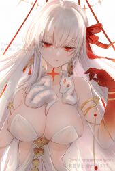 Rule 34 | 1girl, armlet, bare shoulders, blush, body markings, bracelet, breasts, cleavage, collarbone, colored skin, durga (fate), earrings, facial mark, fate/grand order, fate (series), forehead mark, gradient skin, grey hair, hair ribbon, highres, jewelry, large breasts, long hair, looking at viewer, murasaki yuna, orange eyes, parted lips, pelvic curtain, red skin, revealing clothes, ribbon, sash, snake, solo, thumb ring, very long hair
