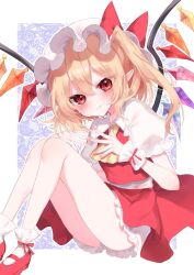 Rule 34 | 1girl, ascot, blonde hair, closed mouth, crystal, flandre scarlet, full body, hat, hat ribbon, highres, knees up, legs, looking at viewer, medium hair, mob cap, one side up, outline, pointy ears, red eyes, red footwear, red ribbon, red skirt, red vest, ribbon, rori82li, shirt, short sleeves, skirt, smile, socks, solo, touhou, vest, white hat, white outline, white shirt, white socks, wings, wrist cuffs, yellow ascot