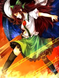 Rule 34 | &gt;:), 1girl, arm cannon, bird wings, black hair, black thighhighs, black wings, bow, breasts, cape, caution, fire, frilled shirt collar, frilled skirt, frills, green bow, green skirt, grin, hair bow, kutsuki kai, long hair, profile, puffy short sleeves, puffy sleeves, radiation symbol, red eyes, reiuji utsuho, shaded face, shirt, short sleeves, sign, skirt, smile, solo, thighhighs, third eye, touhou, tsurime, v-shaped eyebrows, warning sign, weapon, white shirt, wings