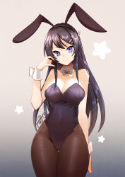Rule 34 | 1girl, aa2233a, animal ears, arm at side, bare shoulders, black bow, black hair, blue eyes, bow, bowtie, breasts, brown pantyhose, rabbit hair ornament, cleavage, covered navel, detached collar, fake animal ears, hair ornament, hairclip, hand up, highres, large breasts, leotard, long hair, looking at viewer, pantyhose, playboy bunny, rabbit ears, sakurajima mai, seishun buta yarou, simple background, smile, solo, star (symbol), thigh gap, wrist cuffs