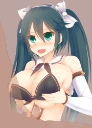 Rule 34 | 10s, 1girl, bare shoulders, blush, breasts squeezed together, breasts, cum, detached sleeves, facominn, fang, green eyes, green hair, hair ornament, hair ribbon, highres, huge breasts, isuzu (kancolle), kantai collection, long hair, open mouth, paizuri, penis, ribbon, sailor collar, smile, solo focus, sweat, twintails, uncensored