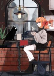 Rule 34 | 1girl, absurdres, bag, black cat, black footwear, black shorts, blush, boots, bow, breasts, brick wall, cafe, cat, chair, closed mouth, coffee mug, commentary, cup, expressionless, facing to the side, floral print, full body, hair bow, high heel boots, high heels, highres, holding, holding cup, indoors, light, long sleeves, looking at animal, looking at another, maegami (daisuki oekaki1), medium hair, mug, napkin, on table, orange hair, original, painting (object), picture frame, plant, plate, ponytail, potted plant, red bow, red eyes, shadow, shorts, small breasts, solo, steam, table, tile floor, tiles, wallpaper (object), water drop, window