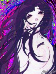 Rule 34 | 1girl, abstract background, chinese commentary, closed mouth, commentary request, danganronpa (series), danganronpa 2: goodbye despair, dokudokudoku, eyelashes, hand on own cheek, hand on own chest, hand on own face, heart, heart in eye, highres, looking ahead, mole, mole under eye, multicolored background, purple eyes, solo, symbol in eye, topless, tsumiki mikan, twitter username, upper body