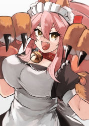 Rule 34 | 1girl, absurdres, alternate costume, animal ear fluff, animal ears, animal hands, apron, bell, breasts, cat day, cat paws, collar, enmaided, fang, fate/grand order, fate (series), fox ears, fox girl, fox tail, gloves, gumi (the eye of darkness), hair ribbon, highres, impossible clothes, jingle bell, large breasts, long hair, maid, maid apron, maid headdress, neck bell, open mouth, paw gloves, pink hair, ponytail, red ribbon, ribbon, simple background, solo, tail, tamamo (fate), tamamo cat (fate), tamamo cat (second ascension) (fate), white apron, white background, yellow eyes